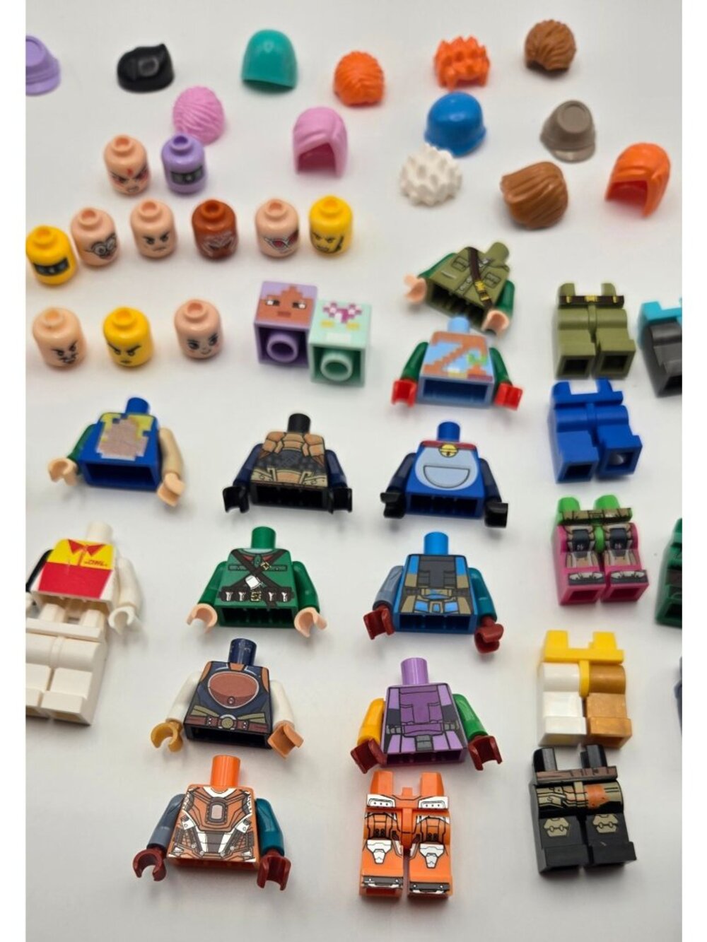 Assorted Lego Minifigure Parts & Accessories Lot - Heads Torsos Legs Hair & Weap